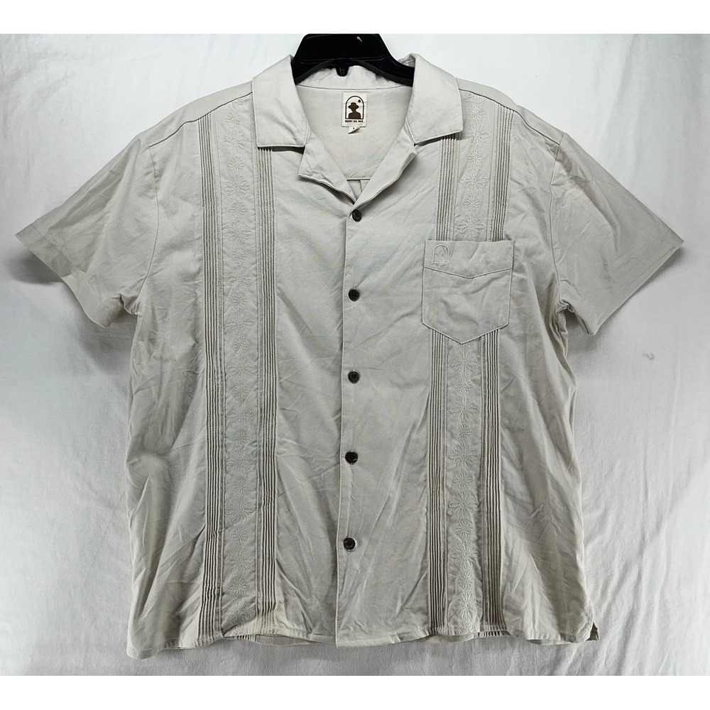 Dandy Del Mar Men Beige Linen Blend Guayabera Embroidered Camp Shirt Large